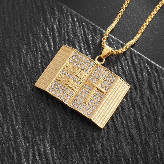 Aureate Vintage Holy Bible Book Pendant Necklace - Plated Alloy Cross Scripture Book Pendant with Crystal V888-ELOSUNG50446