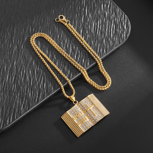 Aureate Vintage Holy Bible Book Pendant Necklace - Plated Alloy Cross Scripture Book Pendant with Crystal V888-ELOSUNG50446