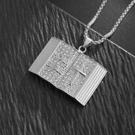 Steel-colored Vintage Holy Bible Book Pendant Necklace - Plated Alloy Cross Scripture Book Pendant with V888-ELOSUNG50447