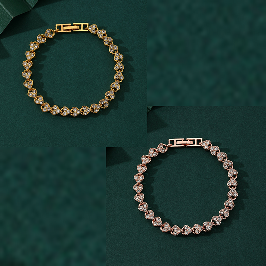 2-piece Aureate and Rose Gold Luxury Crystal Heart Tennis Bracelet - European Roman Style Pave CZ Diamond V888-ELOSUNG50451