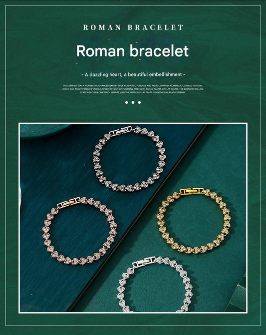 2-piece Aureate and Rose Gold Luxury Crystal Heart Tennis Bracelet - European Roman Style Pave CZ Diamond V888-ELOSUNG50451