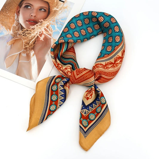 Bohemian Blue Women's 70cm Square Scarf - Bohemian Paisley & Vintage Print Collection - Lightweight Satin V888-ELOSUNG50479