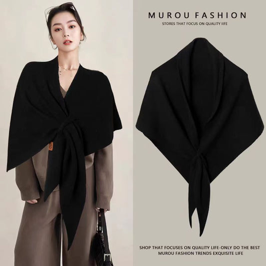 Black Women's Wool Blend Triangle Shawl - 70x180cm Knitted Winter Wrap - Warm Thick Solid Colour Poncho V888-ELOSUNG50484