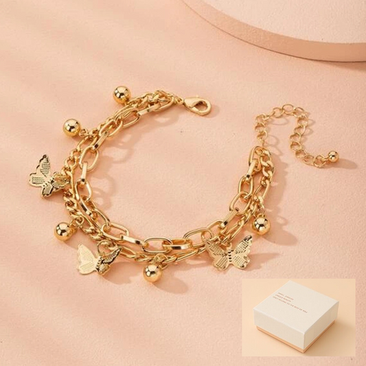 Aureate Butterfly Charm Layered Chain Bracelet - Gold and Silver Alloy Finish - Adjustable Double Strand V888-ELOSUNG50514