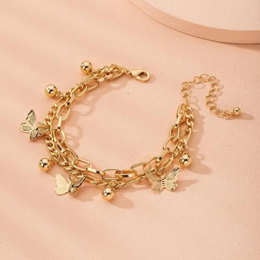 Aureate Butterfly Charm Layered Chain Bracelet - Gold and Silver Alloy Finish - Adjustable Double Strand V888-ELOSUNG50514