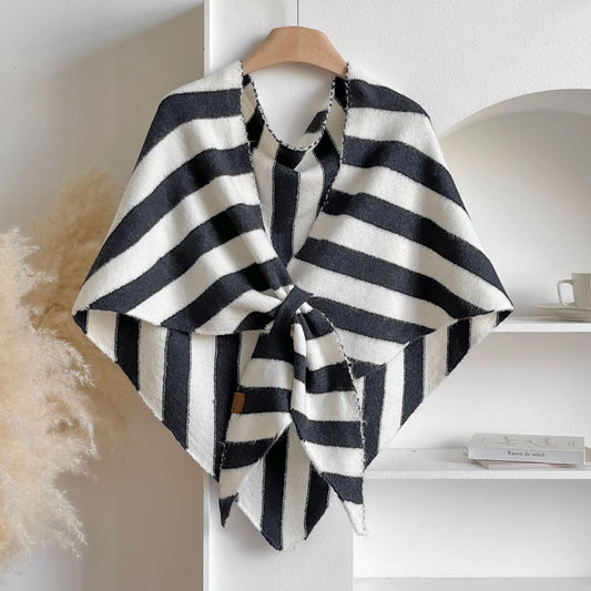 Black Striped Women's Triangle Shawl Cape - Soft Knit Faux Cashmere Poncho Wrap, Lightweight Warm Pullover V888-ELOSUNG50529