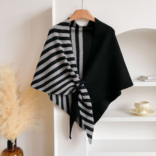 Black and Grey Color blocking Striped Women's Triangle Shawl Cape - Soft Knit Faux Cashmere Poncho Wrap, V888-ELOSUNG50533