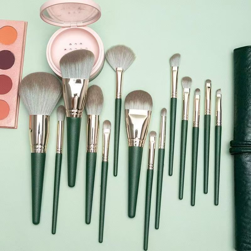 14-Piece Green Simple Packaging Synthetic Fibre Makeup Brush Set - Soft Bristles, Long Handles, Complete Face V888-ELOSUNG50551