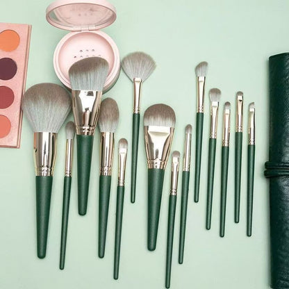 14-Piece Green Simple Packaging Synthetic Fibre Makeup Brush Set - Soft Bristles, Long Handles, Complete Face V888-ELOSUNG50551