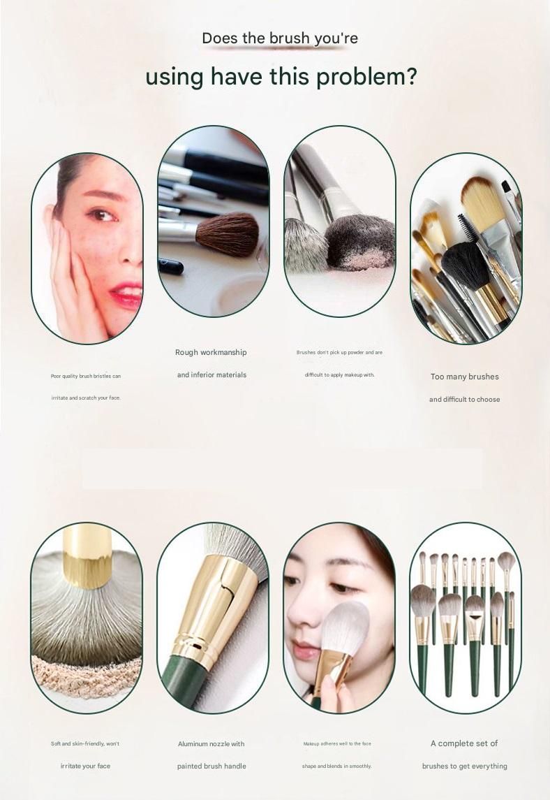 14-Piece Green Simple Packaging Synthetic Fibre Makeup Brush Set - Soft Bristles, Long Handles, Complete Face V888-ELOSUNG50551
