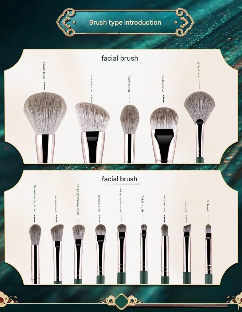 14-Piece Green Simple Packaging Synthetic Fibre Makeup Brush Set - Soft Bristles, Long Handles, Complete Face V888-ELOSUNG50551