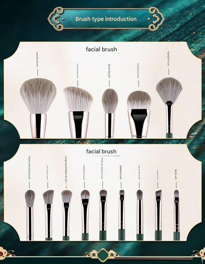14-Piece Green Simple Packaging Synthetic Fibre Makeup Brush Set - Soft Bristles, Long Handles, Complete Face V888-ELOSUNG50551