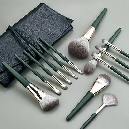 14-Piece Green Brush Storage BagSynthetic Fibre Makeup Brush Set - Soft Bristles, Long Handles, Complete Face V888-ELOSUNG50552