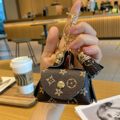 Brown Cute Mini PU Leather Coin Pouch with Tassel Keychain - Printed Pattern Earphone Holder, Small Key Bag V888-ELOSUNG50554