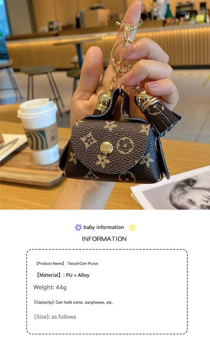 Brown Cute Mini PU Leather Coin Pouch with Tassel Keychain - Printed Pattern Earphone Holder, Small Key Bag V888-ELOSUNG50554