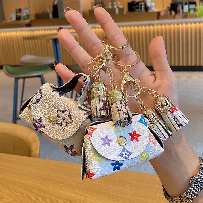 Brown Cute Mini PU Leather Coin Pouch with Tassel Keychain - Printed Pattern Earphone Holder, Small Key Bag V888-ELOSUNG50554