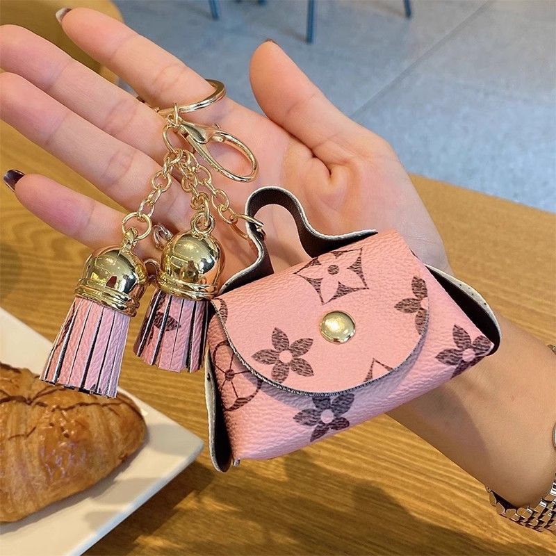 Brown Cute Mini PU Leather Coin Pouch with Tassel Keychain - Printed Pattern Earphone Holder, Small Key Bag V888-ELOSUNG50554