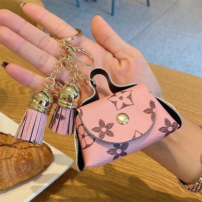 Pink Cute Mini PU Leather Coin Pouch with Tassel Keychain - Printed Pattern Earphone Holder, Small Key Bag V888-ELOSUNG50555