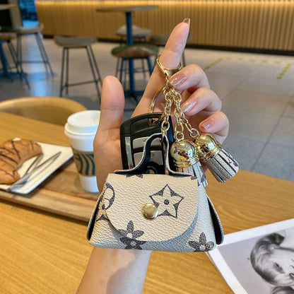 cream-coloured Cute Mini PU Leather Coin Pouch with Tassel Keychain - Printed Pattern Earphone Holder, Small V888-ELOSUNG50556