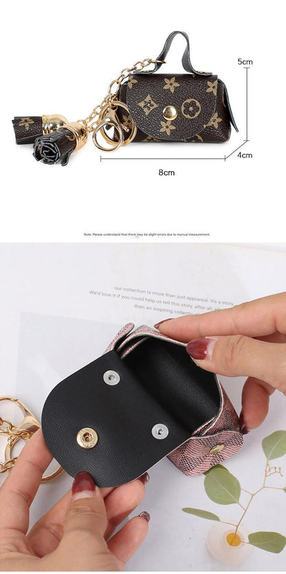 cream-coloured Cute Mini PU Leather Coin Pouch with Tassel Keychain - Printed Pattern Earphone Holder, Small V888-ELOSUNG50556