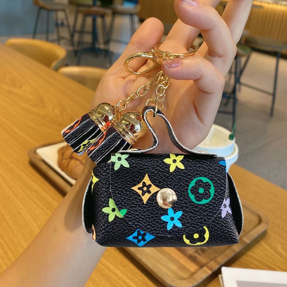 Black Cute Mini PU Leather Coin Pouch with Tassel Keychain - Printed Pattern Earphone Holder, Small Key Bag V888-ELOSUNG50558