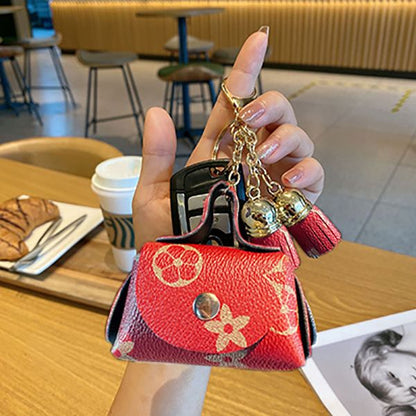 Red Cute Mini PU Leather Coin Pouch with Tassel Keychain - Printed Pattern Earphone Holder, Small Key Bag for V888-ELOSUNG50559