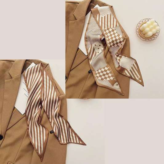 2-piece Coffee Geometric and Stripes French Style Long Silk Scarf - Coffee Print - Versatile Skinny Neck V888-ELOSUNG50583