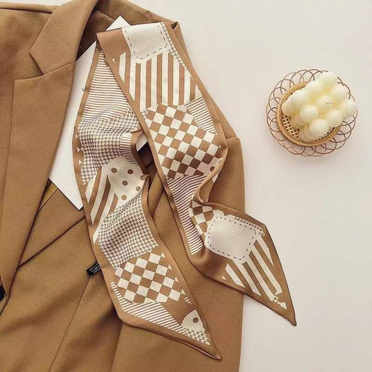 2-piece Coffee Geometric and Stripes French Style Long Silk Scarf - Coffee Print - Versatile Skinny Neck V888-ELOSUNG50583