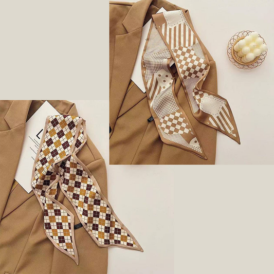 2-piece Coffee Geometric and Diamond Grid French Style Long Silk Scarf - Coffee Print - Versatile Skinny Neck V888-ELOSUNG50584