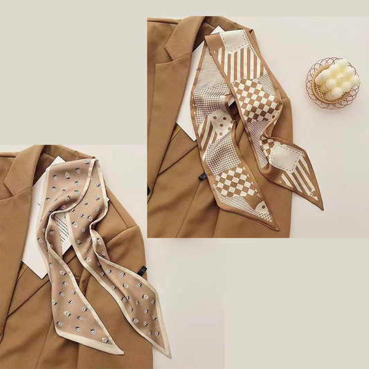 2-piece Coffee Geometry and Strawberry French Style Long Silk Scarf - Coffee Print - Versatile Skinny Neck V888-ELOSUNG50585