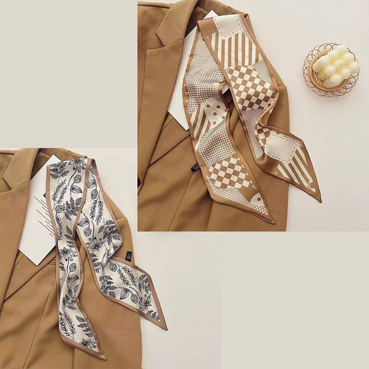 2-piece Coffee Geometry and Pencil Drawing French Style Long Silk Scarf - Coffee Print - Versatile Skinny V888-ELOSUNG50586