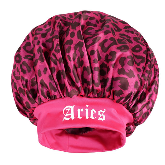 Aries-Rose Red Leopard Print Satin Sleep Bonnet - Large Size Hair Protection Cap with Elastic Band, Soft V888-ELOSUNG50588