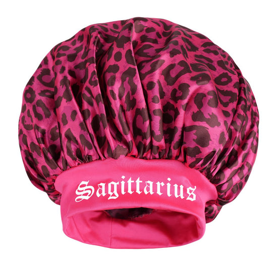 Sagittarius -Rose Red Leopard Print Satin Sleep Bonnet - Large Size Hair Protection Cap with Elastic Band, V888-ELOSUNG50593