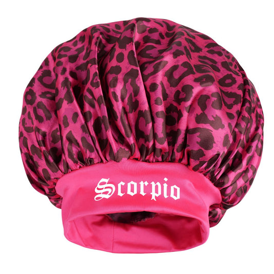 Scorpio -Rose Red Leopard Print Satin Sleep Bonnet - Large Size Hair Protection Cap with Elastic Band, Soft V888-ELOSUNG50594