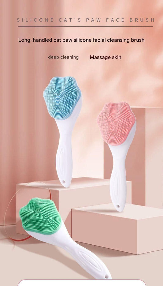 Blue Silicone Cat Paw Face Brush - Long Handle Manual Facial Cleanser for Deep Pore Cleaning, Exfoliating & V888-ELOSUNG50609