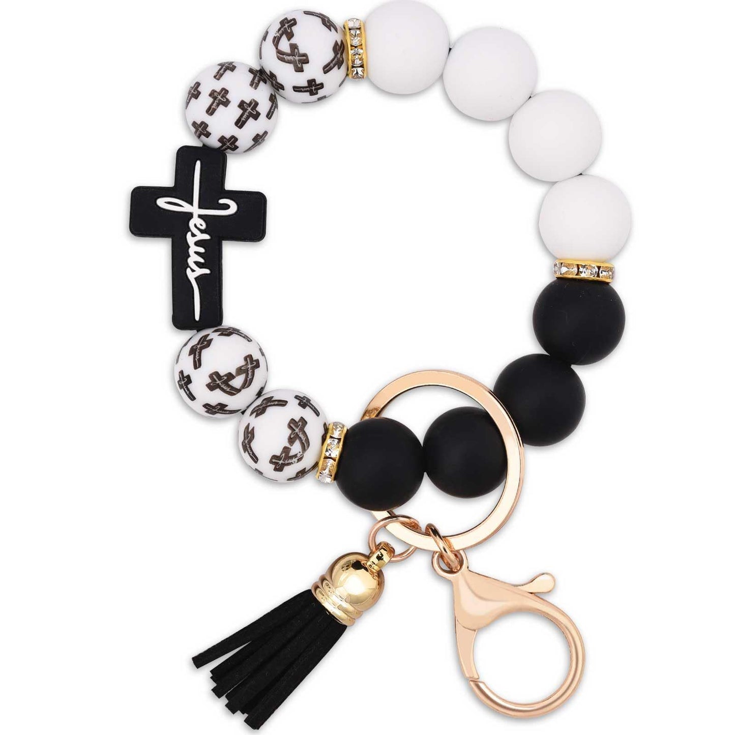 Black and White Silicone Bead Keychain with Cross Charm, Rhinestone Ring &short Tassel - Religious Silicone V888-ELOSUNG50613