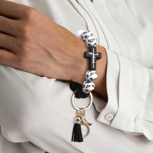 Black and White Silicone Bead Keychain with Cross Charm, Rhinestone Ring &short Tassel - Religious Silicone V888-ELOSUNG50613