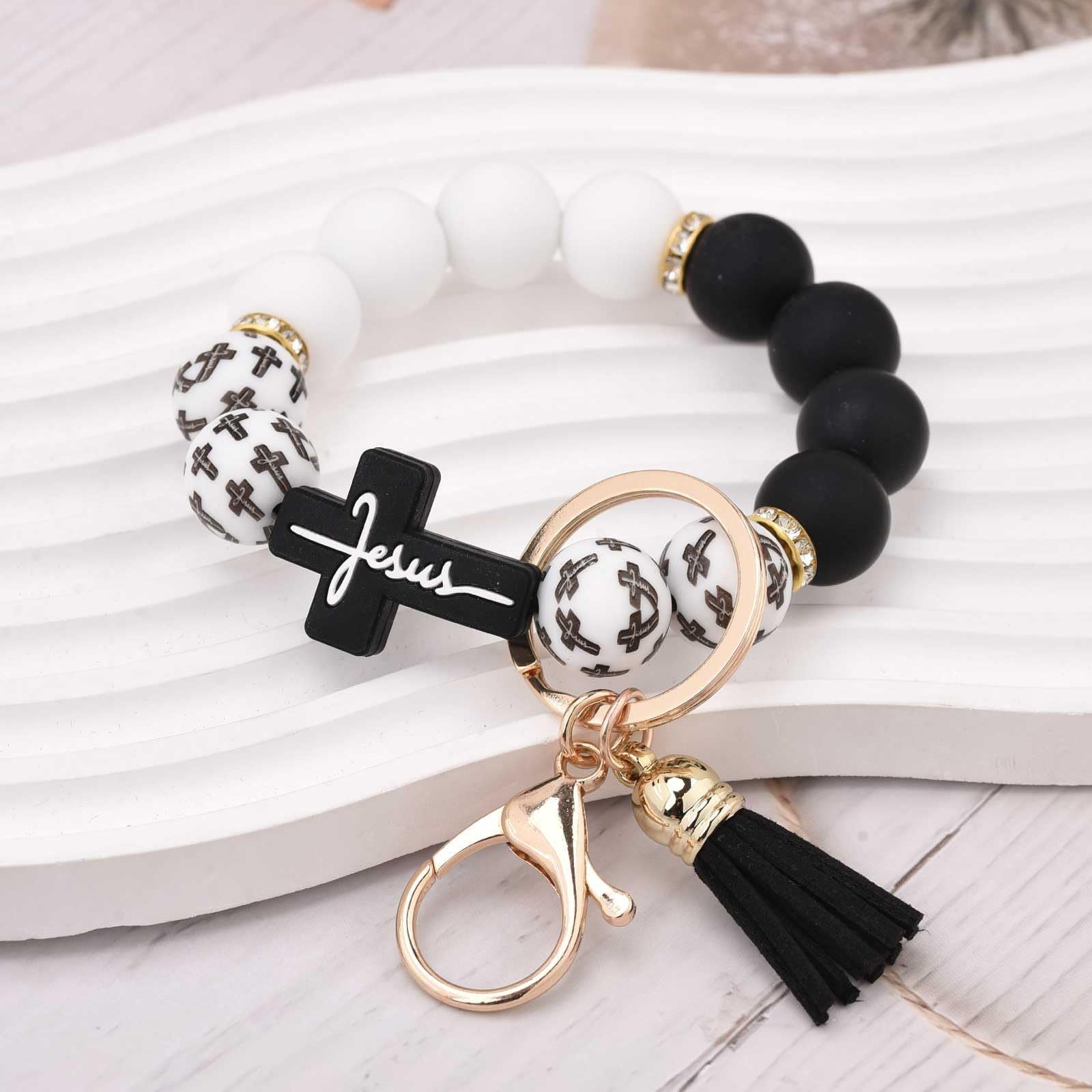 Black and White Silicone Bead Keychain with Cross Charm, Rhinestone Ring &short Tassel - Religious Silicone V888-ELOSUNG50613