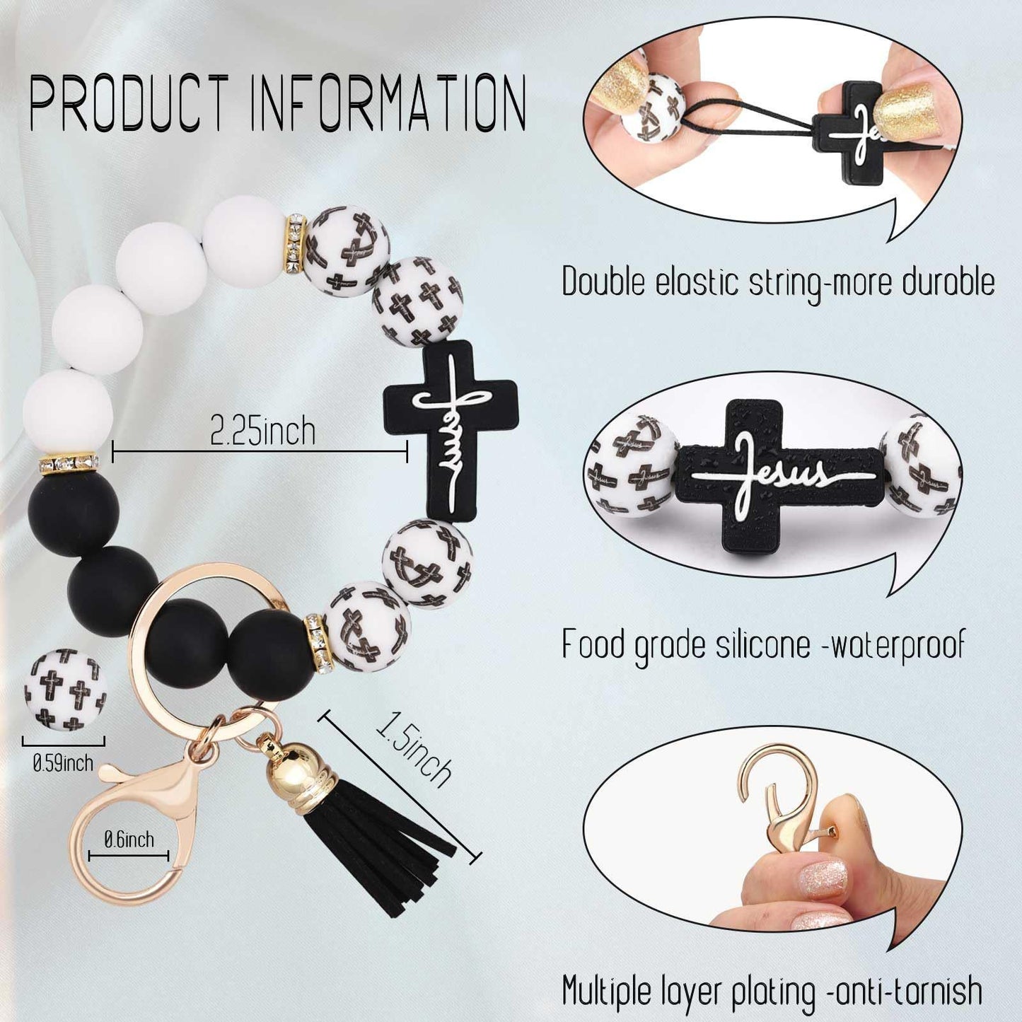 Black and White Silicone Bead Keychain with Cross Charm, Rhinestone Ring &short Tassel - Religious Silicone V888-ELOSUNG50613