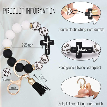 Black and White Silicone Bead Keychain with Cross Charm, Rhinestone Ring &short Tassel - Religious Silicone V888-ELOSUNG50613