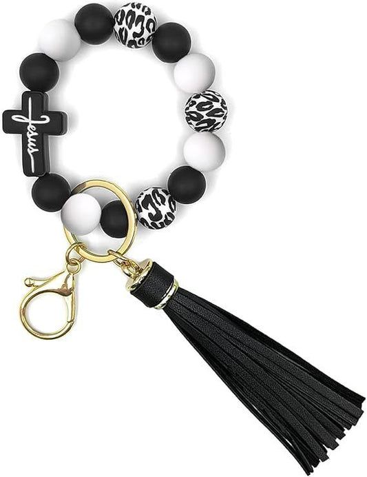 Black and White Silicone Bead Keychain Bracelet with Cross Charm and Tassel - Black, White, Teal, Leopard V888-ELOSUNG50614