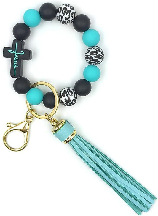 Black and Green Silicone Bead Keychain Bracelet with Cross Charm and Tassel - Black, White, Teal, Leopard V888-ELOSUNG50615