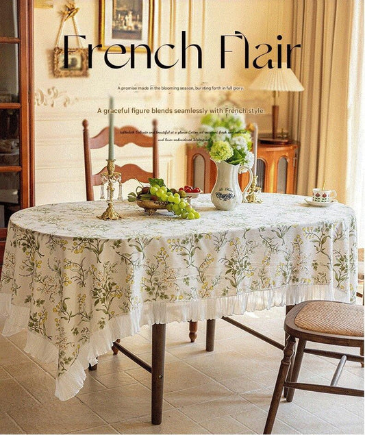 Grey 135*135 Dimensions include lace French Vintage Tablecloth - Pearl Yarn Polyester with Pleated Ruffle V888-ELOSUNG50646
