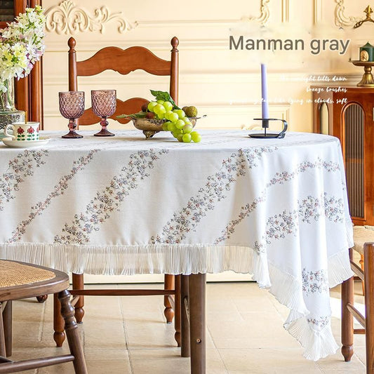 Grey 135*220 Dimensions include lace French Vintage Tablecloth - Pearl Yarn Polyester with Pleated Ruffle V888-ELOSUNG50648