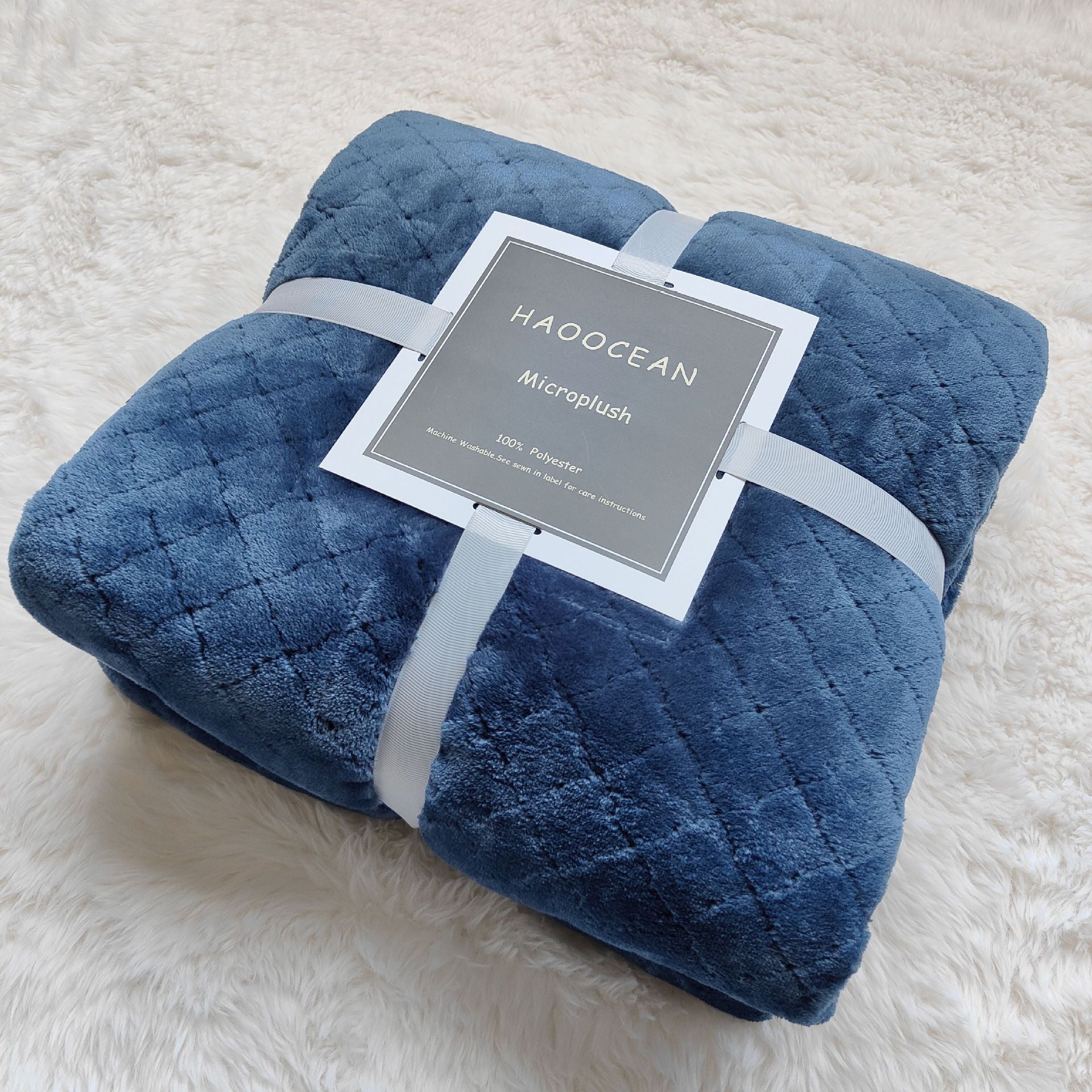 Blue 130*150cm Flannel Fleece Blanket - Quilted Diamond Pattern, Soft & Warm Polyester Throw for Office Nap, V888-ELOSUNG50662