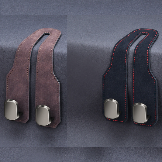 2-piece Black and Brown Alloy Dual-Hook Car Seat Back Hanger - Foldable, Faux-Suede Headrest Hook; The ideal V888-ELOSUNG50677