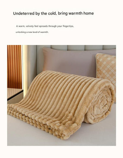 150*200cm Beige Solid Colour Flannel Throw Blanket - Thick Double-Sided Fleece with Ribbed Texture - Soft V888-ELOSUNG50702