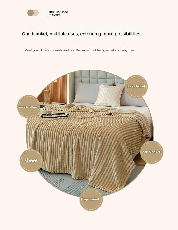 150*200cm Beige Solid Colour Flannel Throw Blanket - Thick Double-Sided Fleece with Ribbed Texture - Soft V888-ELOSUNG50702