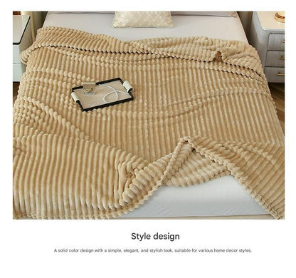 150*200cm Beige Solid Colour Flannel Throw Blanket - Thick Double-Sided Fleece with Ribbed Texture - Soft V888-ELOSUNG50702