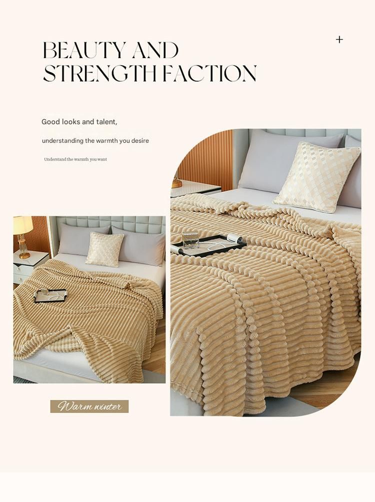 150*200cm Light Coffee Solid Colour Flannel Throw Blanket - Thick Double-Sided Fleece with Ribbed Texture - V888-ELOSUNG50708